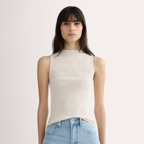 Everlane Women's Luxe Rib Funnel-Neck Tank in Heathered Oat, Size Medium - Picture 1 of 2